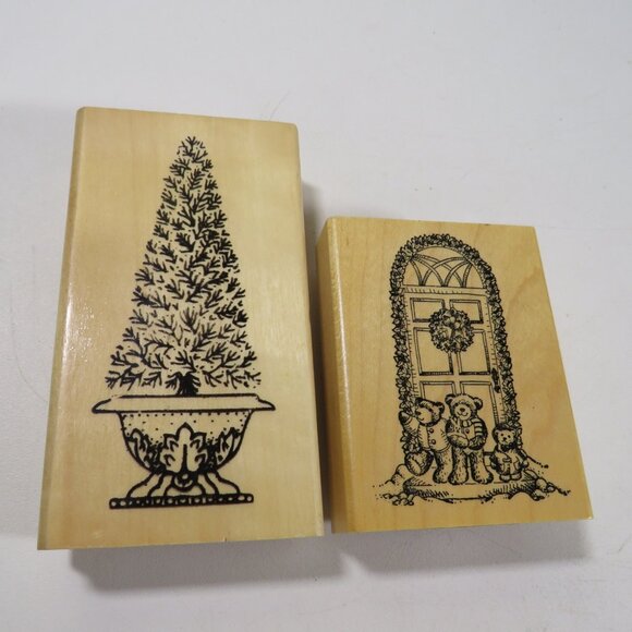 Rubber Stamps Wood Mounted (Topiary in Plater, 3 Teddy Bears front of door) - Picture 1 of 7